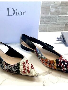 Dior Multicolor Embroidered Pointed Slingback Flats - Black Accent